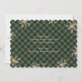 スパークリーな雪の結晶が輝くグリーンプレイドのゴールドクリスマス シーズンカード (裏面)