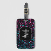 スパークリーのピンクの青モザイクグリッタースパークルモノグラム ラゲッジタグ (正面縦)