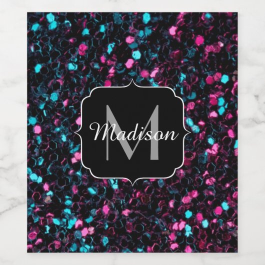 スパークリーのピンクの青モザイクグリッタースパークルモノグラム ワインラベル (シングルラベル)