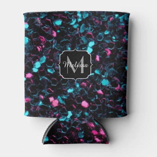 スパークリーのピンクの青モザイクグリッタースパークルモノグラム 缶クーラー (正面)