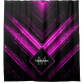 スパークリーのメタリックホットピンクのブラックシェブロンモノグラム シャワーカーテン (正面)