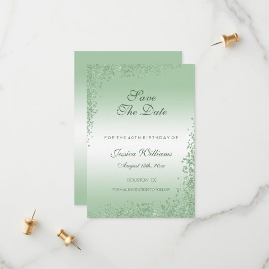 スパークリーエメラルドグリーングリッターデコレーション誕生日 セーブザデート (正面/裏面インサイチュ)