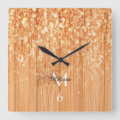スパークリーエレガントオレンジの竹材プリントモノグラム スクエア壁時計 (正面)