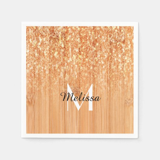 スパークリーエレガントオレンジの竹材プリントモノグラム スタンダードカクテルナプキン (正面)