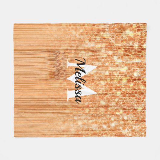 スパークリーエレガントオレンジの竹材プリントモノグラム フリースブランケット (正面(横))