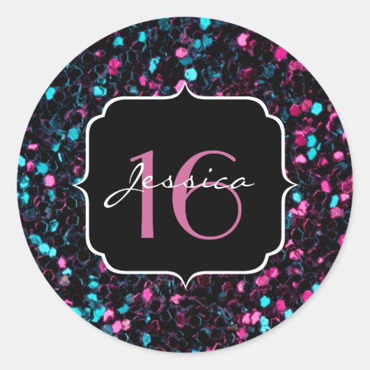 スパークリーカラフルピンクと青モザイク甘い16 ラウンドシール (正面)
