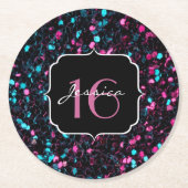 スパークリーカラフルピンクと青モザイク甘い16 ラウンドペーパーコースター (正面)