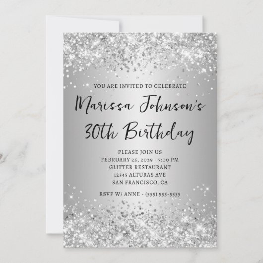 スパークリーグリッターグレイグラデーション30歳の誕生日 招待状 (正面)
