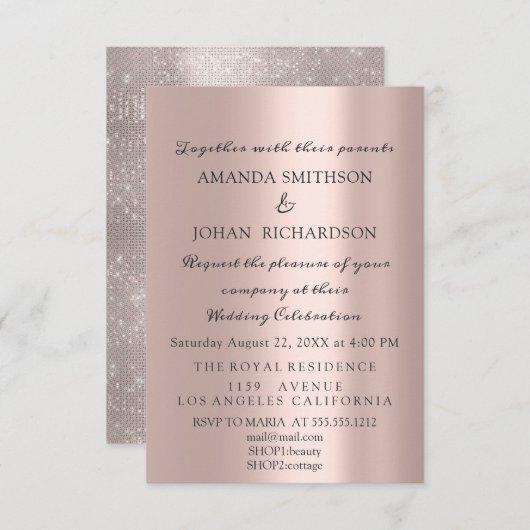 スパークリーグリッターバラ金ゴールドエレガントウェディングユニーク 招待状 (正面/裏面)