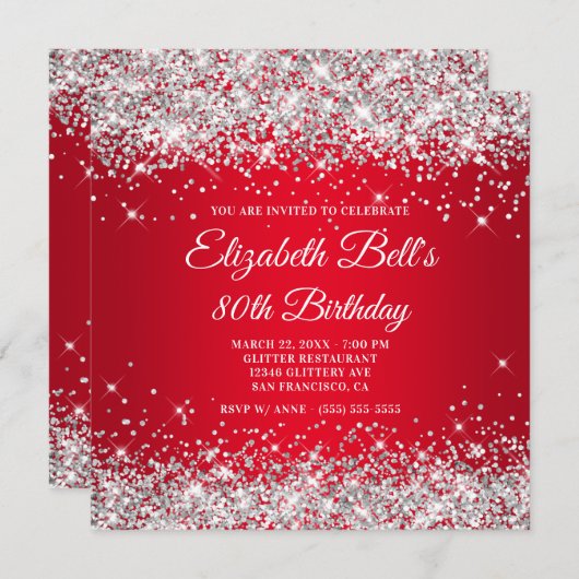 スパークリーグリッターレッドグラデーション80誕生日 招待状 (正面/裏面)