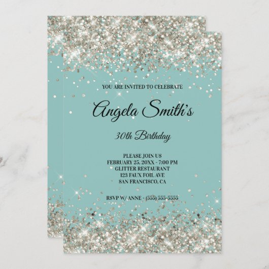 スパークリーグリッター淡い色のターコイズモノグラム 招待状 (正面/裏面)