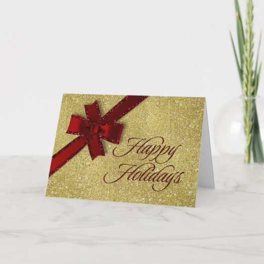 スパークリーゴールドとレッドのグリッタリーボウのホリデーシーズン シーズンカード (正面)