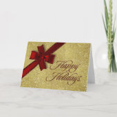 スパークリーゴールドのホリデーシーズン 赤いグリッタリーボウ付き シーズンカード (正面)