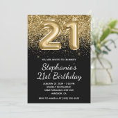 スパークリーゴールドグリッター ブラックバルーン 21歳の誕生日 招待状 (スタンド正面)