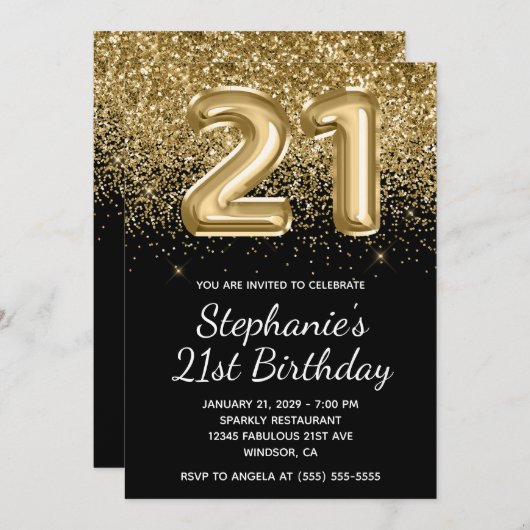スパークリーゴールドグリッター ブラックバルーン 21歳の誕生日 招待状 (正面/裏面)