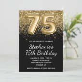 スパークリーゴールドグリッター ブラックバルーン 75歳の誕生日 招待状 (スタンド正面)