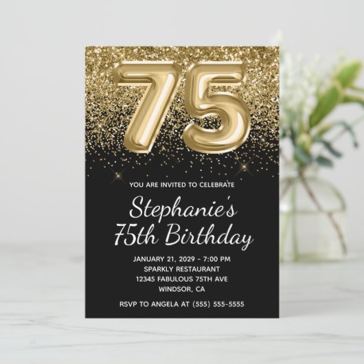 スパークリーゴールドグリッター ブラックバルーン 75歳の誕生日 招待状 (スタンド正面)