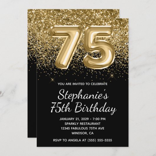 スパークリーゴールドグリッター ブラックバルーン 75歳の誕生日 招待状 (正面/裏面)
