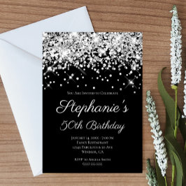 スパークリーシルバーグリッターエレガントブラック50誕生日 招待状