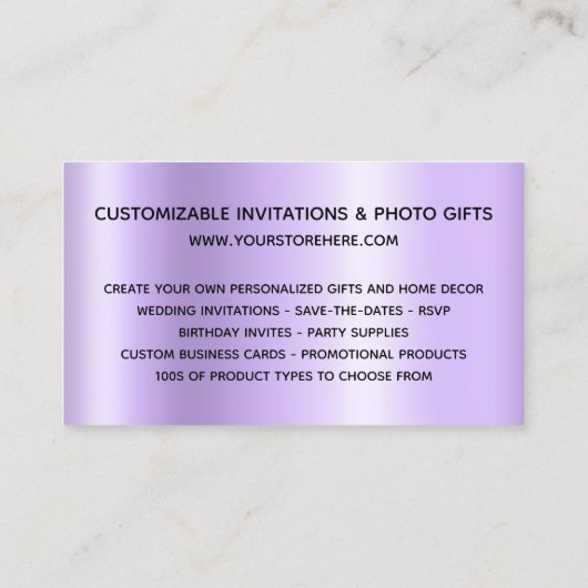 スパークリーシルバーグリッタードリップス淡い色のラベンダーグラデーション 名刺 (裏面)