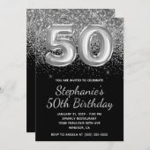 スパークリーシルバーグリッターブラックバルーン50誕生日 招待状 (正面/裏面)
