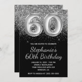 スパークリーシルバーグリッターブラックバルーン60誕生日 招待状 (正面/裏面)