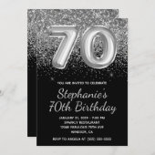 スパークリーシルバーグリッターブラックバルーン70誕生日 招待状 (正面/裏面)