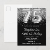 スパークリーシルバーグリッターブラックバルーン75誕生日 インビテーションポストカード (正面/裏面)