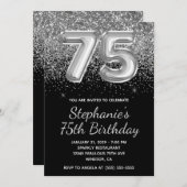 スパークリーシルバーグリッターブラックバルーン75誕生日 招待状 (正面/裏面)