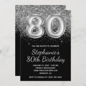 スパークリーシルバーグリッターブラックバルーン80誕生日 招待状 (正面/裏面)