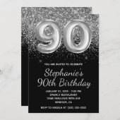 スパークリーシルバーグリッターブラックバルーン90誕生日 招待状 (正面/裏面)