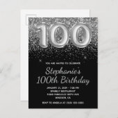 スパークリーシルバーグリッターブラック100誕生日 インビテーションポストカード (正面/裏面)