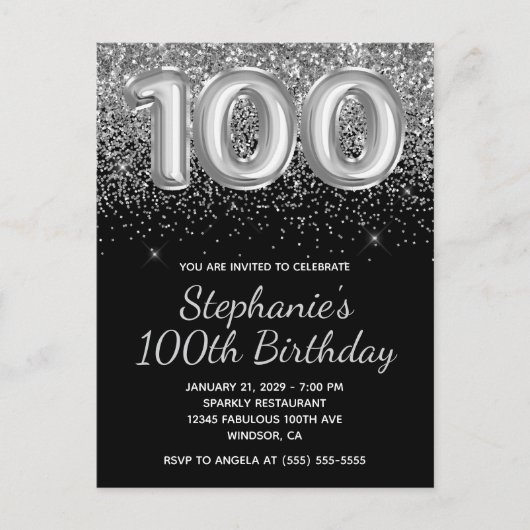 スパークリーシルバーグリッターブラック100誕生日 インビテーションポストカード (正面)