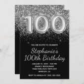 スパークリーシルバーグリッターブラック100誕生日 招待状 (正面/裏面)