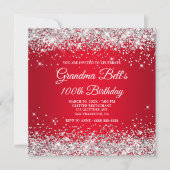 スパークリーシルバーグリッターレッドグラデーション100th誕生日 招待状 (正面)
