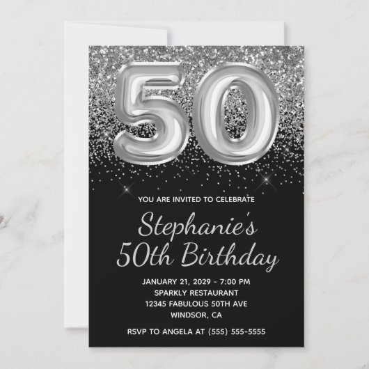 スパークリーシルバーグリッター黒風船 50歳の誕生日 招待状 (正面)