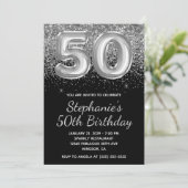 スパークリーシルバーグリッター黒風船 50歳の誕生日 招待状 (スタンド正面)