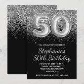 スパークリーシルバーグリッター黒風船 50歳の誕生日 招待状 (正面/裏面)