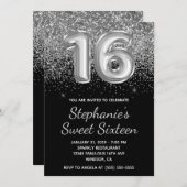スパークリーシルバーグリッター ブラックバルーン スウィートシックスティーン 招待状 (正面/裏面)
