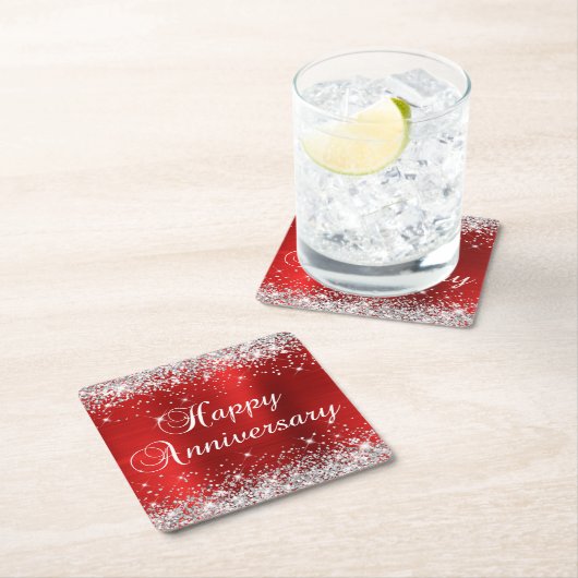 スパークリーシルバーグリッター レッドフォイル ハッピーアニバーサリー スクエアペーパーコースター (インサイチュ)
