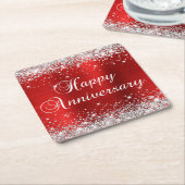 スパークリーシルバーグリッター レッドフォイル ハッピーアニバーサリー スクエアペーパーコースター (アングル)