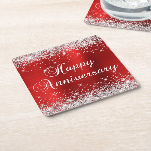 スパークリーシルバーグリッター レッドフォイル ハッピーアニバーサリー スクエアペーパーコースター (アングル)