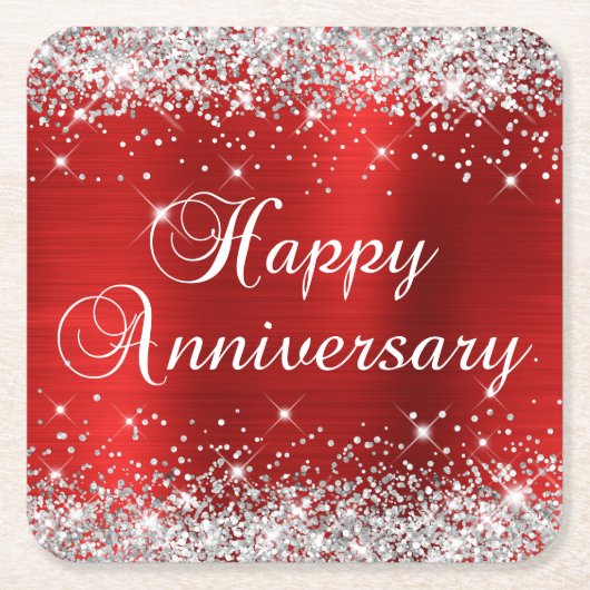 スパークリーシルバーグリッター レッドフォイル ハッピーアニバーサリー スクエアペーパーコースター (正面)