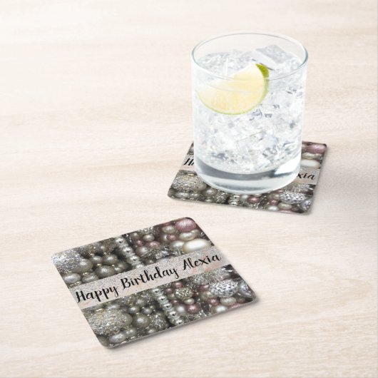 スパークリースシルバーとピンクのビーズ スクエアペーパーコースター (インサイチュ)