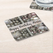 スパークリースシルバーとピンクのビーズ スクエアペーパーコースター (アングル)