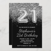 スパークリースシルバーグリッターブラックバルーン21st誕生日 招待状 (正面/裏面)