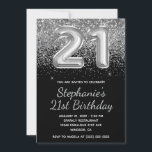 スパークリースシルバーグリッターブラックバルーン21st誕生日 招待状<br><div class="desc">独自の21歳モダンの誕生日をホイルフェイクバルーン番号デジタルアートで作成。作成された年齢が必要なもしメッセージを作成者に送違う信するグラムガーリーの背景には黒フェイク色に装飾的な銀色のグリッターグラフィックが無地のある。豪華な輝き、グリッター、ふっくらとしたフォイルの文字効果は、写真のようなプリントを持つ要素で作芸術的成されている。書とカスタマイズすべてお洒落のキャップのフォントのスタイルと色モダンを使用できる。</div>