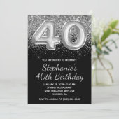 スパークリースシルバーグリッターブラックバルーン40歳の誕生日 招待状 (スタンド正面)