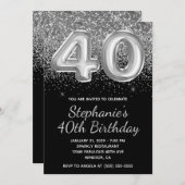 スパークリースシルバーグリッターブラックバルーン40歳の誕生日 招待状 (正面/裏面)
