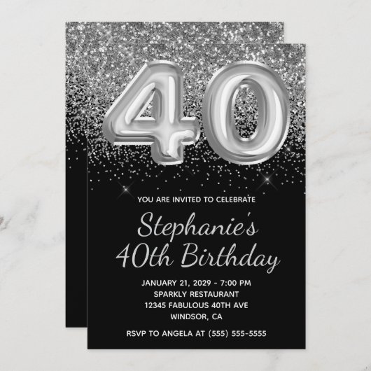 スパークリースシルバーグリッターブラックバルーン40歳の誕生日 招待状 (正面/裏面)